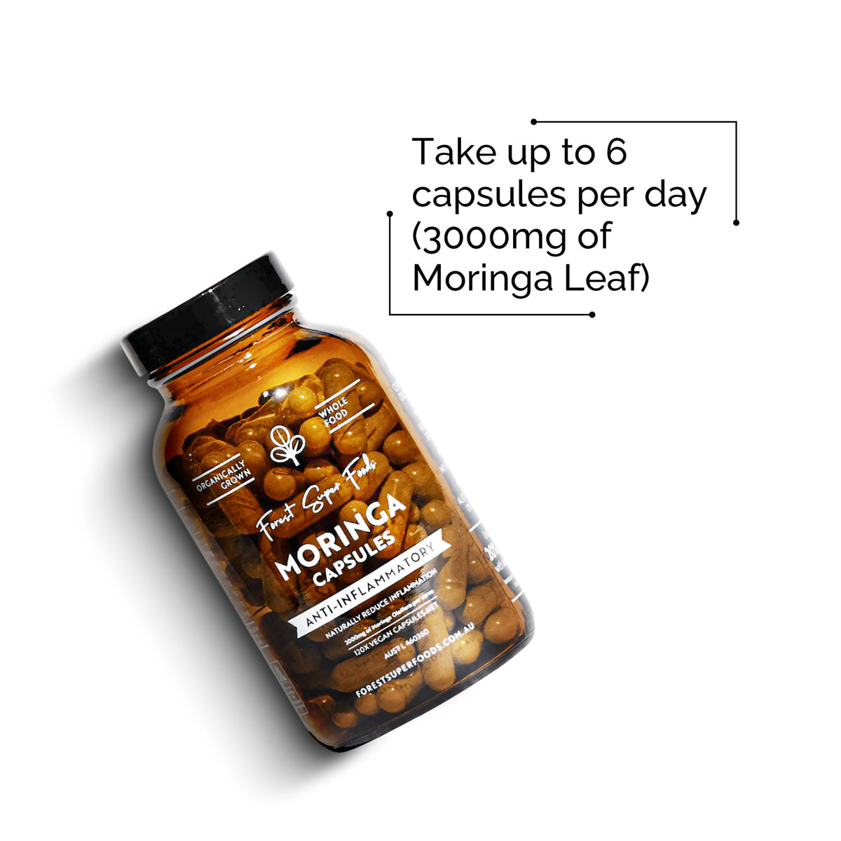 Mini Organic Moringa Capsules amber bottle with 3000mg moringa leaf for natural joint support and inflammation relief