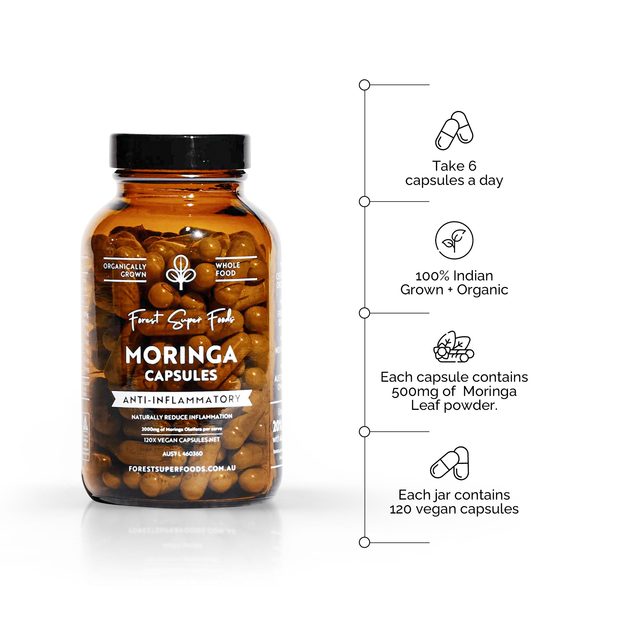 Mini Organic Moringa Capsules amber bottle with 120 vegan capsules containing 500mg Indian organic moringa leaf powder