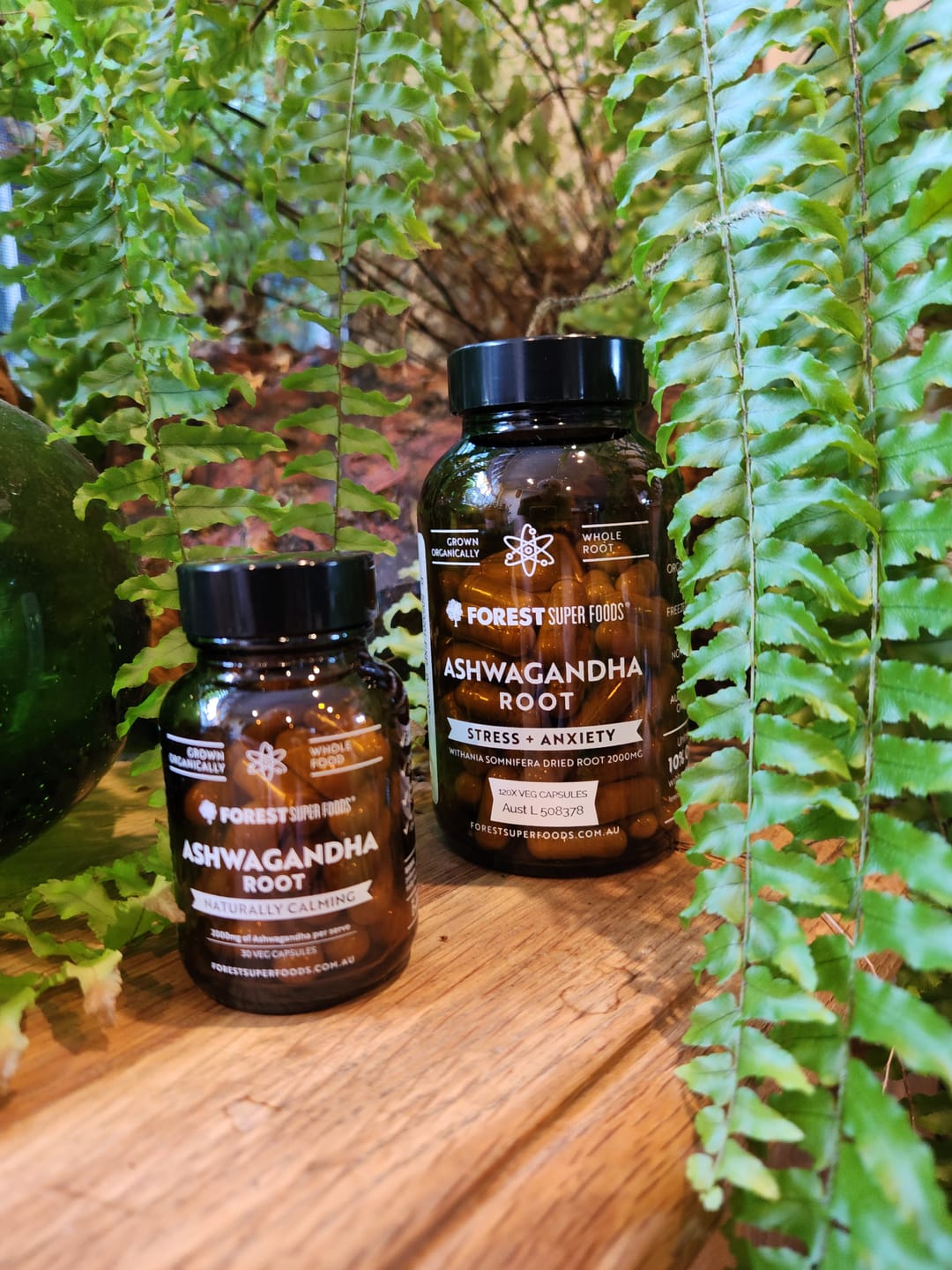 Forest Super Foods Ashwagandha capsules photographed in a natural setting