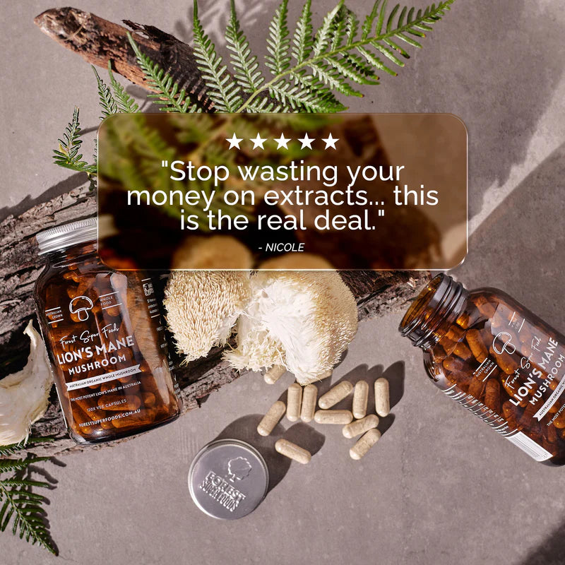 Forest Super Foods Ashwagandha root capsules displayed with customer testimonial